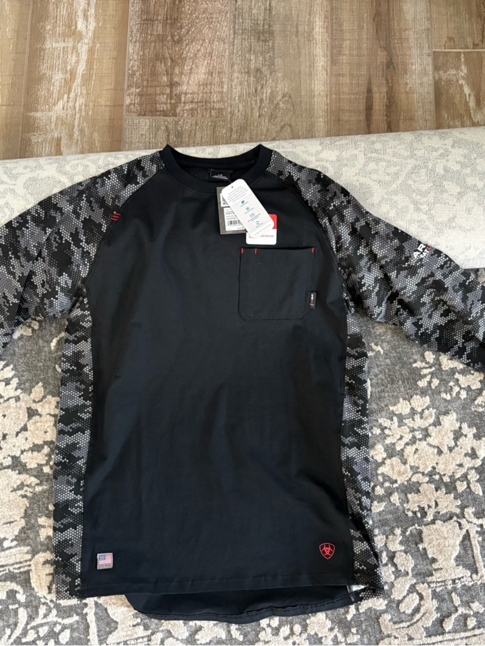 Ariat Black Long Sleeve Raglan Shirt with Gray Camo Sleeves
